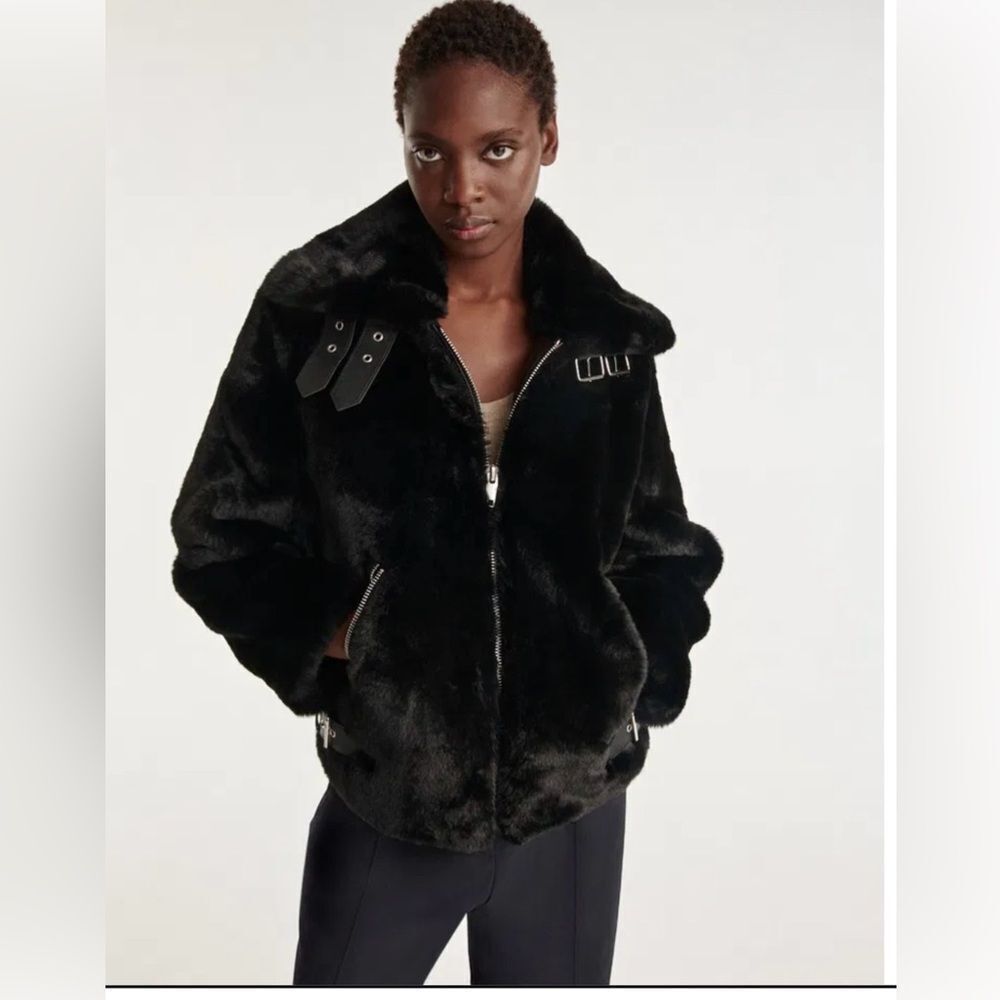 $620 The Kooples Faux fur moto Aviator  Jacket NWT small